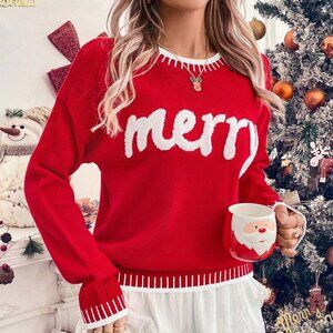 Red Casual Women's Christmas Pattern Knit Pullover Sweater